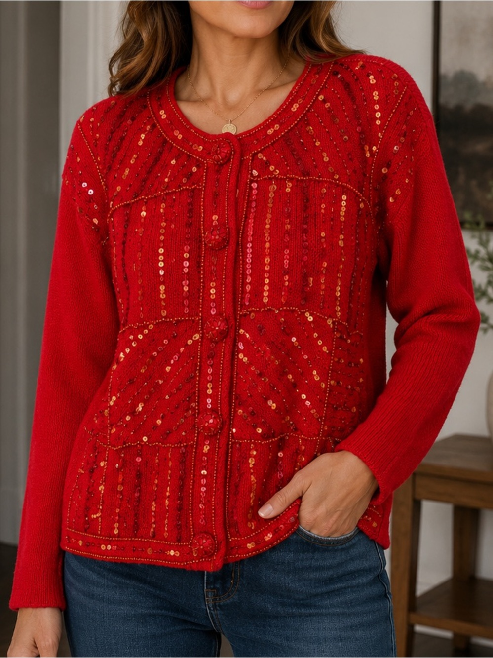 Vintage Victoria Harbour Beaded Red Cardigan Sweater